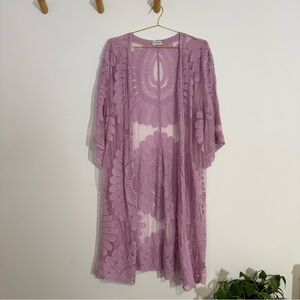 Lavender Lace Sheer Floral Embroidered Kimono Duster Coverup Country Festival L